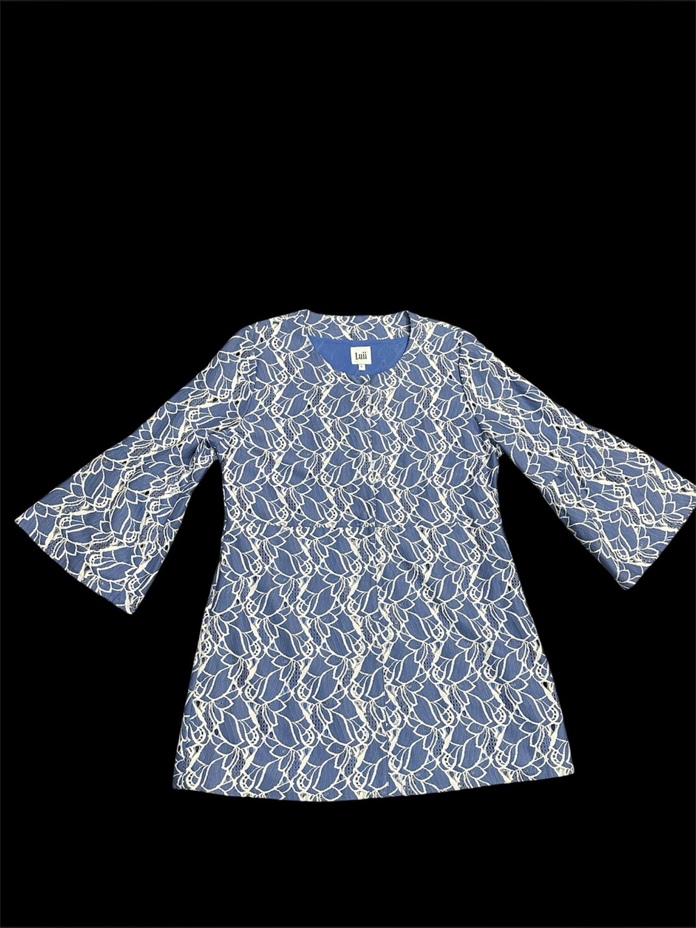 NWT Luii Blue Floral Lace Bell Sleeve L Jacket Large Wedding Timeless Chic - Picture 8 of 14
